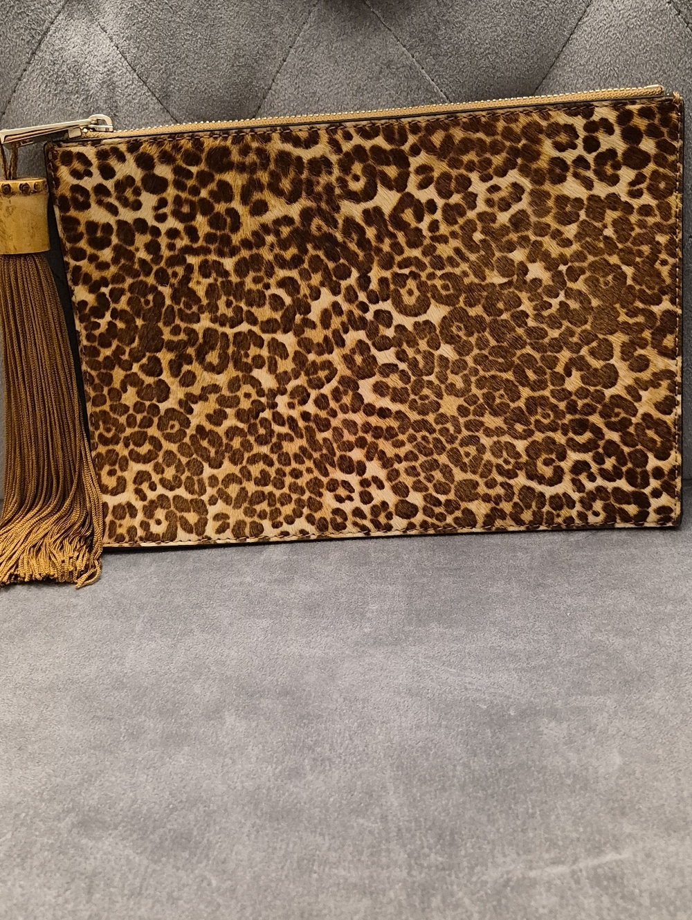 Vince Camuto Leather Clutch  With Leopard Print Cow Hair & Tassel